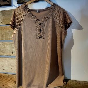 Elegant Tan Lace-Trimmed Women's Top